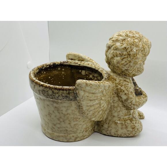 Dimpled Stone Angel Planter With Harp And Wings Extended Around Flower Pot - Picture 7 of 11